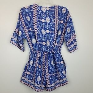 Bohemian Aztec kaleidoscope flower blue romper